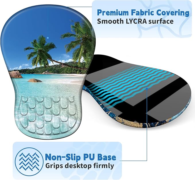 YIWEI Ergonomic Mouse Pad with Wrist Rest - Comfortable Office Mousepad with Memory Foam Wrist Support for Carpal Tunnel Relief, Mouse Pads with Non-Slip Base for Gaming and Home (Beach)