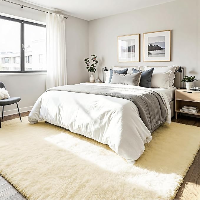 5x8 Fluffy Area Rug for Living Room: Non-Slip Cream White Bedroom Carpet | - Image 3