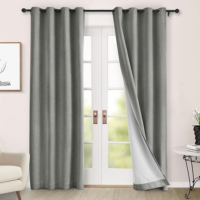 Macochico 100% Blackout Chenille Curtains for Living Room Classic Chenille Window Curtain Panels Thermal Drapes for Bedroom Hotel Grommet Curtains with Tieback Rock Grey 84" Wx96 L 1 Panel