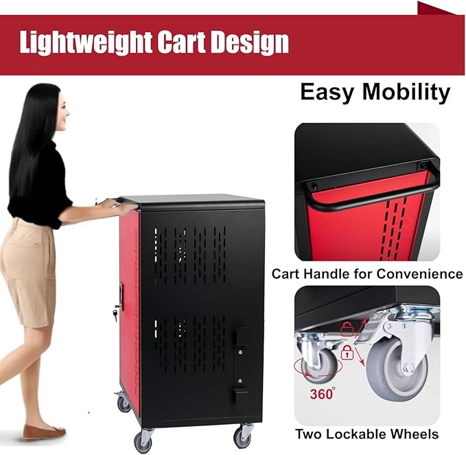VOOTOLOVER 32 Bay Mobile School Charging Cart Station, Black Cart for Chromebook/Tablet/Laptop, with Power Strip, Lockable Doors, 2 Locking Casters & Ventilated Panels, 20" W×20" D×34.06" H