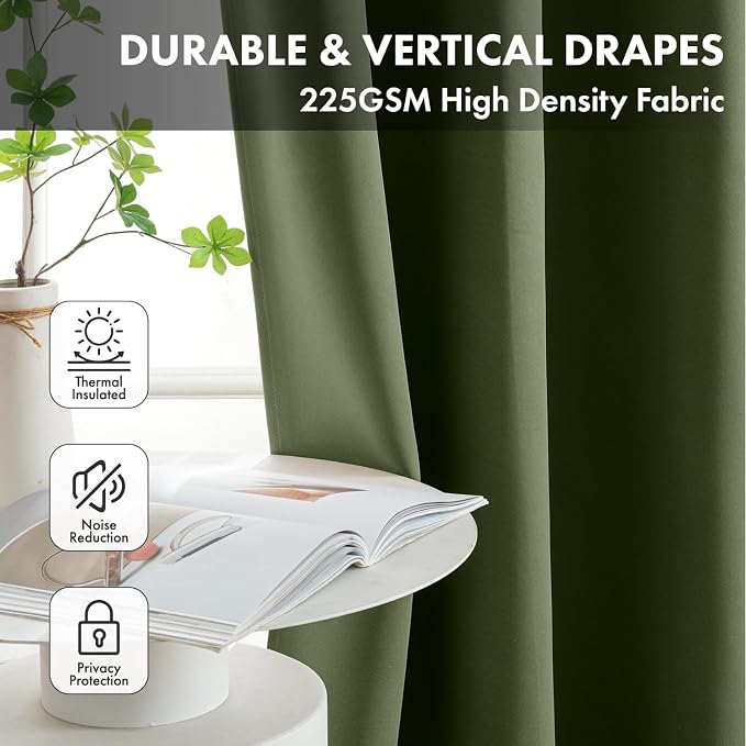 Short Olive Green Half Blackout Curtains W40 x L36 Inch 2 Panels | Thermal - Image 4