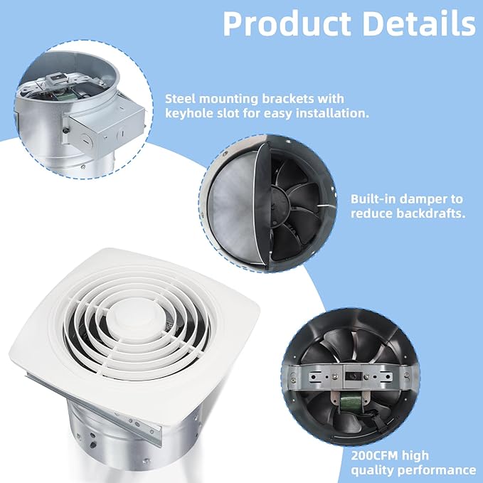 8 Inch Bathroom Exhaust Fan Ceiling Mount 200 CFM 8.5 Sones Kitchen Exhausts Fans,505 Exhaust Fan for Broan-NuTone,Vertical Discharge Ceiling Ventilation Fan for Bathroom Kitchen Laundry Room Garage