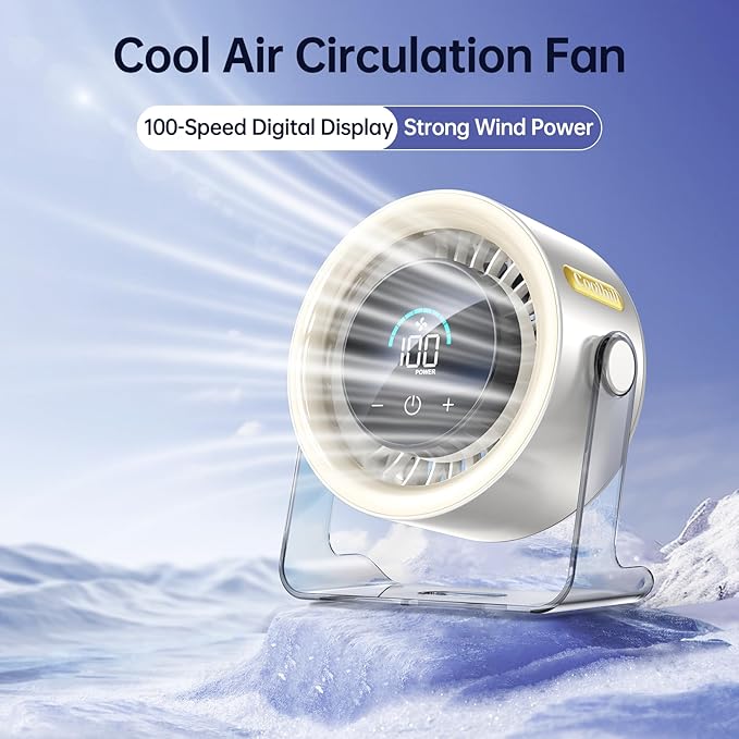 Coolhill USB Desk Fan for Bedroom: 100 Speeds Digital Display Quiet Table Fan with Turbo Airflow, 120° Rotating Small Rechargeable Battery Desktop Fans for Bedroom Home Office (White)