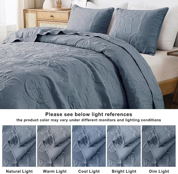 Blue Damask Quilt California Cal King Size Bedding Sets - Image 8