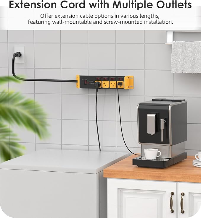 CCCEI Heavy Duty Surge Protector Power Strip 20 Amp Individual Switches. 12FT 12 Gauge Extension Cord with Multiple Outlets. Kitchen, Garage, Shop, Industrial Wall Mount Electric Extender, Yellow.