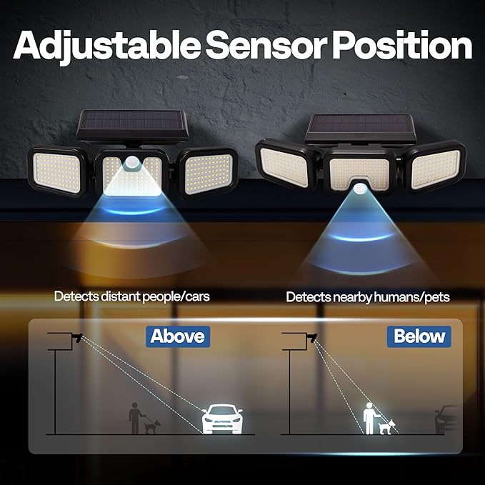 VIVOHOME Solar Flood Lights Outdoor, 256 LED 2500LM Motion Sensor Lights, 3 Adjustable Heads Security Lights, IP65 Waterproof, 270° Wide Lighting Angle Solar Powered Lights for Porch, Yard, 2 Pack