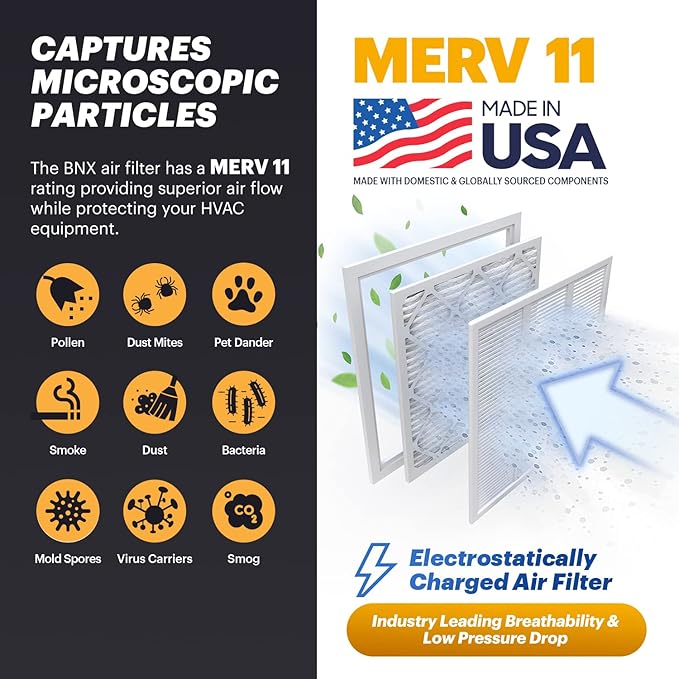 BNX TruFilter 20x23x1 Air Filter MERV 11 (6-Pack) - MADE IN USA - Allergen Defense Electrostatic Pleated Air Conditioner HVAC AC Furnace Filters for Allergies, Dust, Pet, Smoke, Allergy MPR 1200 FPR 7