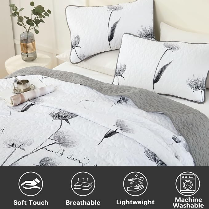 Dinjoy King Quilt Set, 3 Pieces Grey Boho Bedspreads, Fall Flower Bedding | - Image 4