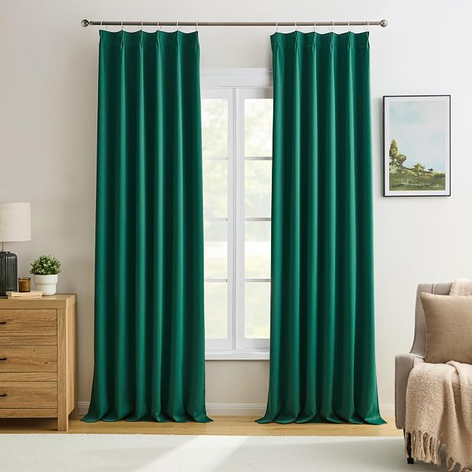 92 Inch Dark Green Pinch Pleated Blackout Curtains by KEQIAOSUOCAI