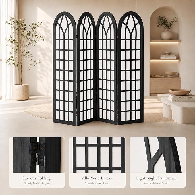 4 Panel Shoji Room Divider Folding Privacy Screen Black | Freestanding - Image 3