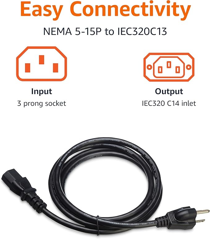 Amazon Basics PC Power Cord, 6 feet, AC Power Cord for Monitor, Computer, TV, 3 Prong, 18 AWG, 125 Volts, Black