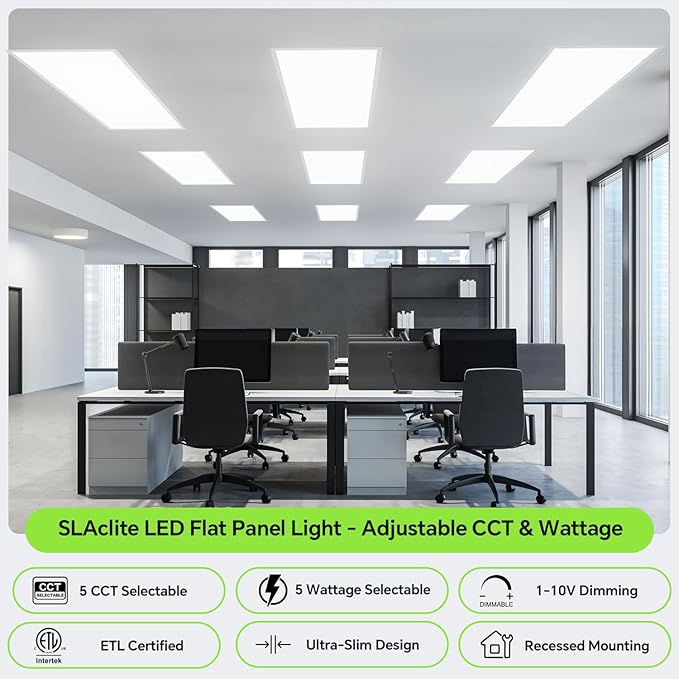 SLAclite 6 Pack 2x4 LED Flat Panel Light 50/40/35/30/25W 6500lm Adjustable, 0-10V Dimmable LED Flush Mount Ceiling Light Fixtures, 2.7K/3K/3.5K/4K/5K Selectable for Office Kitchen Garage - ETL Listed