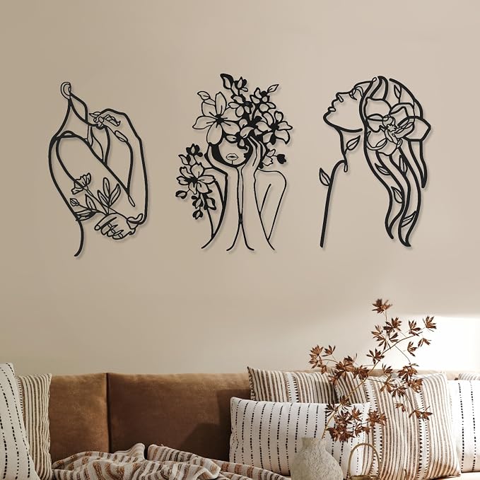 Photect 3 Pcs Metal Wall Art Decor Minimalist Abstract Woman Wall Art Metal by Photect