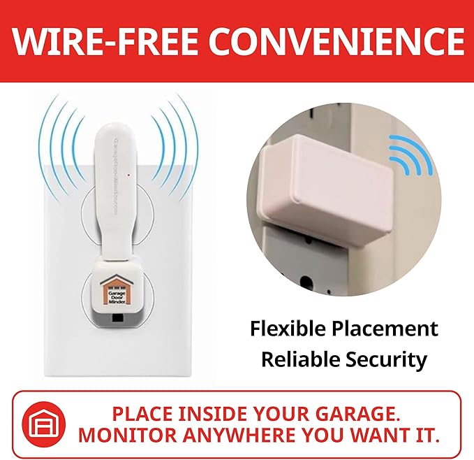 Garage Door Minder® Version II. 100% Wireless. Installs in Two Minutes! No Wi-Fi. in-Home Monitor & Alert System. Great for Seniors!