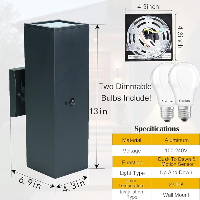 WISELUME Motion Sensor Outdoor Wall Lights, Dusk to Dawn Porch & Patio Sconce with E26 Dimmable LED Bulbs, Black Aluminum Up & Down Exterior Lights for Garage, Garden, Front Door, ETL Listed