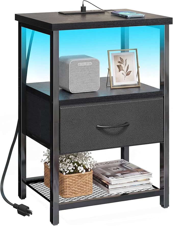 Fixwal Night Stand with Charging Station, 1 Drawer | fabric drawer, built-in by Fixwal