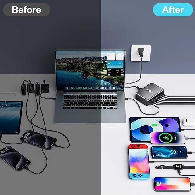 500W USB C Fast Charger Block, 8 Port USB Charging Station, GaN Ⅲ Pro Double 100W PD PPS Port Fast Charging Station for Multiple Devices,Laptop Wall Charger Compatible with MacBook, iPhone 17,iPad etc