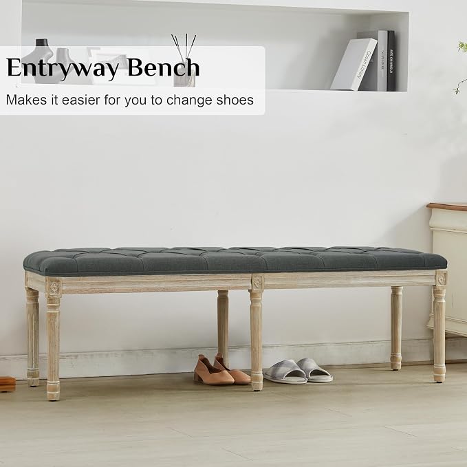 LOULENS 57.7" Linen End of Bed Bench King Size, Dark Grey | French, Upholstered - Image 8