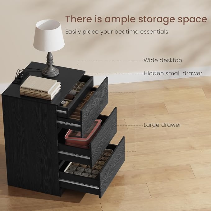 Nightstands Set of 2 with Charging Station and Hidden Drawer, Modern Night Stand - Image 4