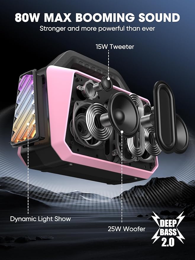 TPWIN Wireless Bluetooth Speakers - Portable Speaker 80W Peak, 20H Playtime, Light Shows, Loud Speaker with Strong Bass, BT 5.3, TWS, IPX6 Waterproof for Home Travel Outdoor Beach Camping - Pink