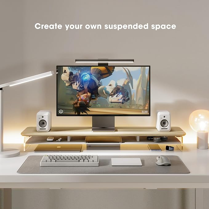 Fenge Acrylic Monitor Stand Riser, 42.5 Inches Dual Monitor Stand with Metal Storage, 2 Tier Acrylic Computer Riser for Desk, Clear Laptop Stand for PC, Laptop, Printer, TV, Oak