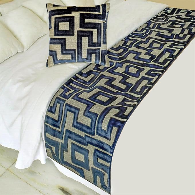 The HomeCentric Blue Bed Runner for King/Queen/Twin Velvet Decorative Bed Scarf 53"x18" Bed Runner Without Pillow Cover, Abstract Bed Scarf Bedroom Décor Accent - Routed Blue