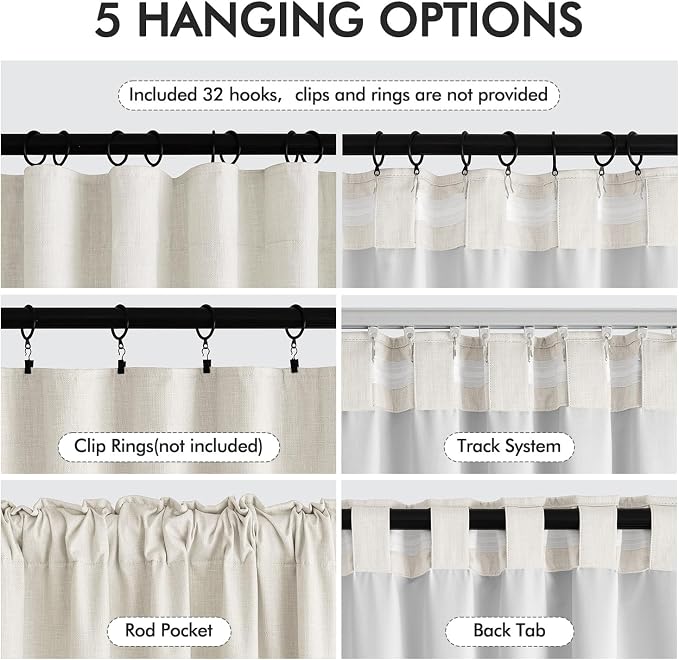 MIULEE 100% Blackout Back Tab Pleat Linen Curtains 50" Wx108 L, Thick Faux Linen - Image 6
