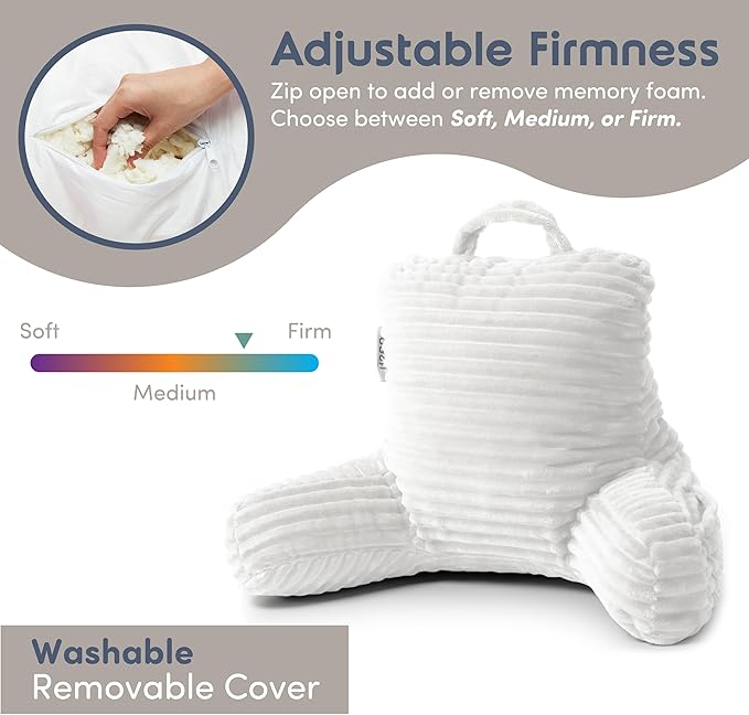 Nestl Reading Pillow for Kids & Teens with Shredded Memory Foam, Luxe Cut Plush Backrest Pillows for Reading and Gaming, for use on Couch, Bed, Floor, Adjustable Support with Washable Cover White