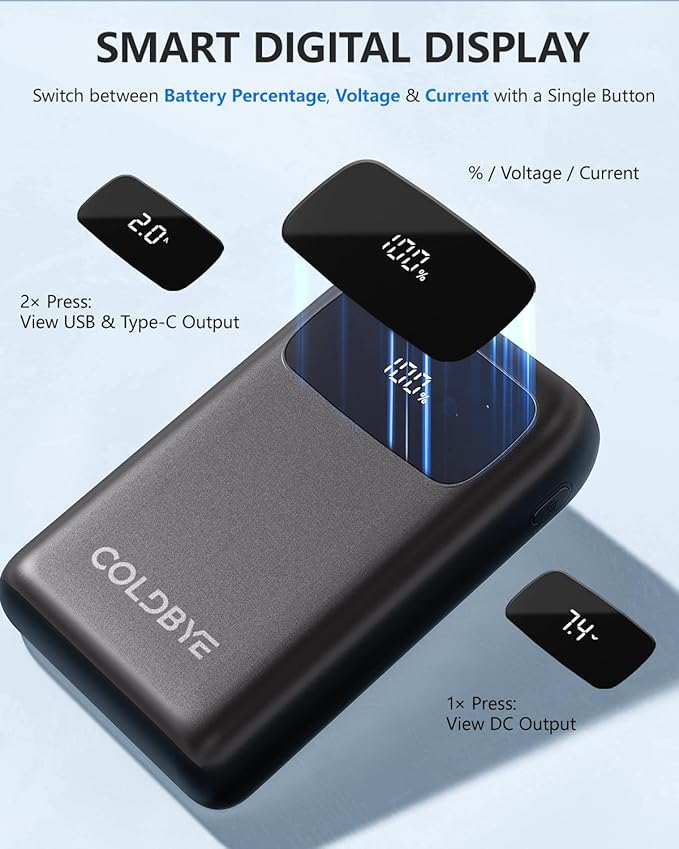 ColdBye Heated Vest Battery Pack 𝟕.𝟒𝐕 5𝐀 𝟐𝟎𝟎𝟎𝟎𝐦𝐀𝐡, Type-C and USB 5V Output 7.4V Tri-Size DC Built-in Ports (3.5 mm / 3.8 mm / 4.0 mm) for Heated Jacket