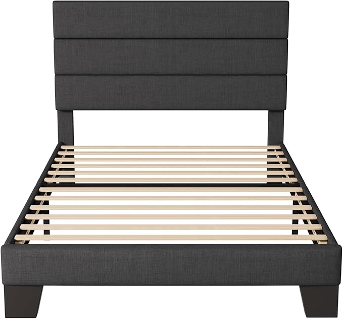 Allewie Twin Size Platform Bed Frame with Fabric Upholstered Headboard and Wooden Slats Support, Fully Upholstered Mattress Foundation/No Box Spring Needed/Easy Assembly, Dark Grey