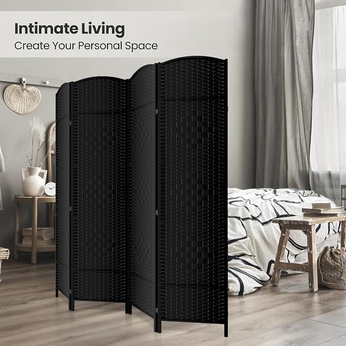 4 Panel Folding Room Divider, Woven Privacy Screen, handcrafted diamond pattern - Image 4