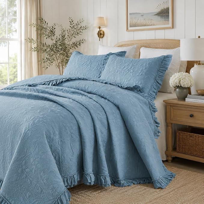 Brandream Luxury 100% Cotton Quilt Set King Size Blue Floral Vine Matelasse - Image 6