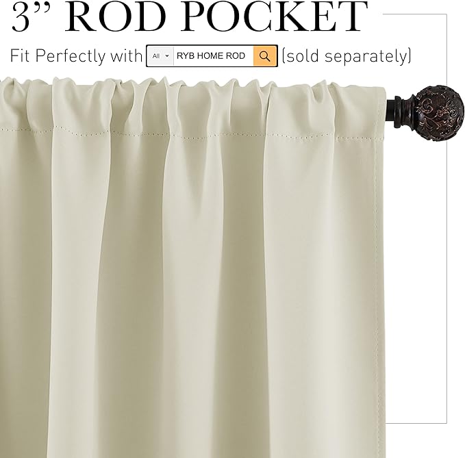RYB HOME Short Beige Curtains for Small Bedroom Window Cafe | Thermal Insulating - Image 2