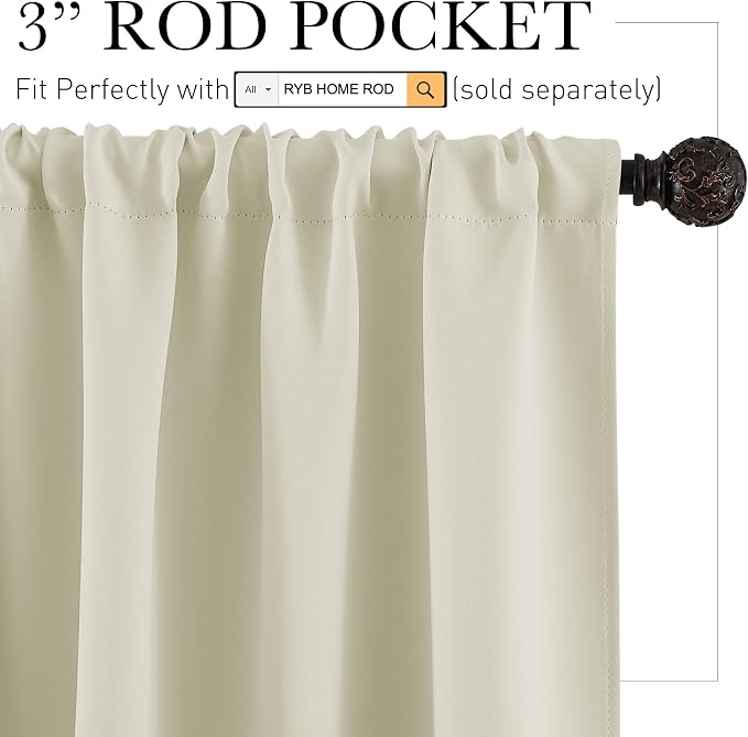 RYB HOME Half Curtain Tiers 36 inch Length, Rod Pocket | Short Blackout Curtains - Image 2
