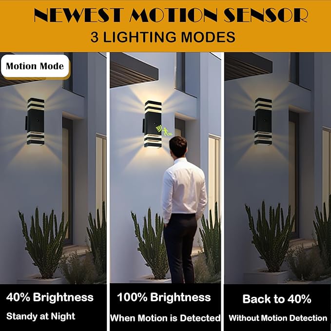iYogaled Motion Sensor Outdoor Wall Lights with 3 Lighting Modes, Dusk to Dawn Porch Light with Bulbs Include, IP65 Waterproof Modern Black Wall Sconce for Patio, Garage, Front Door