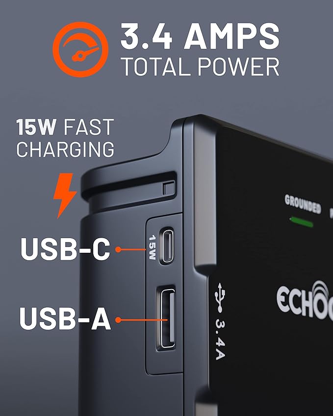 ECHOGEAR Wall Outlet with Surge Protection - Power & Protect 8 Devices with 6 Rotating AC Plugs & 2 USB Ports - Includes 1x USB-C Port & 1x USB-A Port - Black