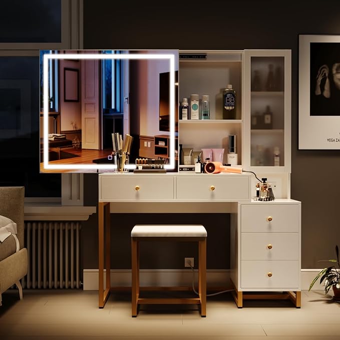 Vanity Set with Lighted Mirror and Charging Station, Extra Large Mirror Makeup Vanity Table with Cushioned Stool,5 Drawers, Modern Vanity Table with Nightstand