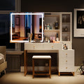 Vanity Set with Lighted Mirror and Charging Station, Extra Large Mirror Makeup Vanity Table with Cushioned Stool,5 Drawers, Modern Vanity Table with Nightstand