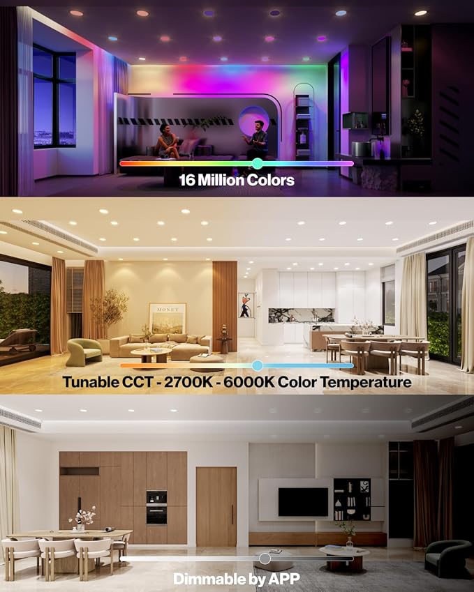 Sunco 4 Pack LED Recessed 6 Inch, Smart RGBW Color Changing Can Lights, High Brightness 1200 LM, 14W, Retrofit Installation, Compatible with Amazon Alexa & Google Assistant - UL