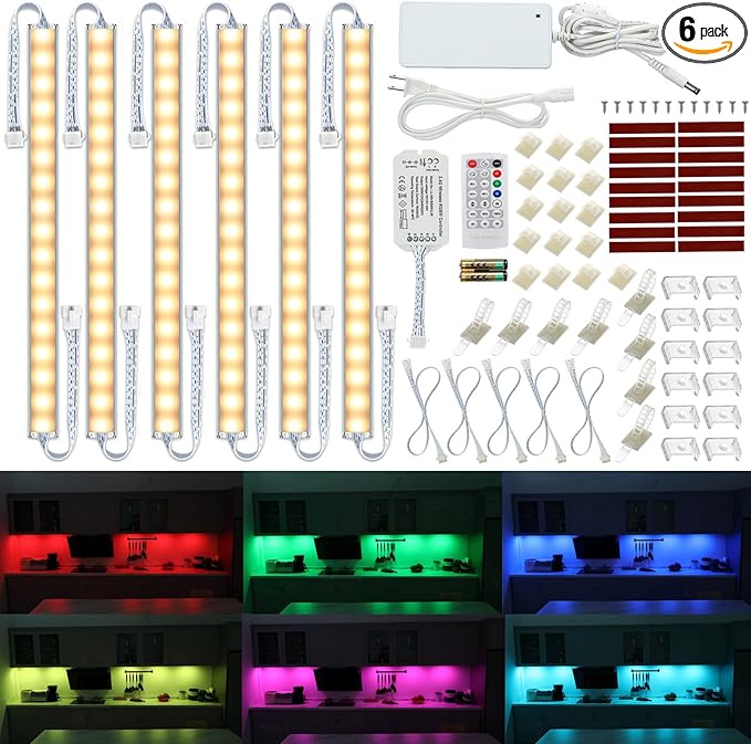 Litever Under Cabinet LED Lighting Kit. RGB Color & Bright Warm White Light. Slim Linkable LED Light Bars with Power Adapter, Controller, Extension Cords. Max 24W. Dimmable. Plug in. RGB + 3000K.