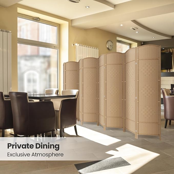 8 Panel Folding Room Divider, Woven Privacy Screen, Light Beige | Solid wood - Image 6