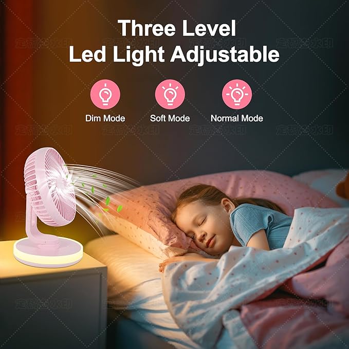 MAWFOZIN Small Desk Fan With Night Light, Auto Oscillating Table Fan With 3000mAh Rechargeable Battery, USB Personal Fan With 4 Speeds Wind, Adjustable Fan For Home, Office Bedroom, Camping (pink)