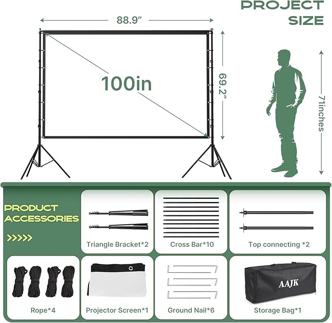 AAJK 100in Projector Screen with Stand,Portable 16:9 4K HD Indoor Outdoor Projection Screen with Wrinkle-Free Design, Ideal for Home Theater and Backyard Cinema – Includes Carry Bag
