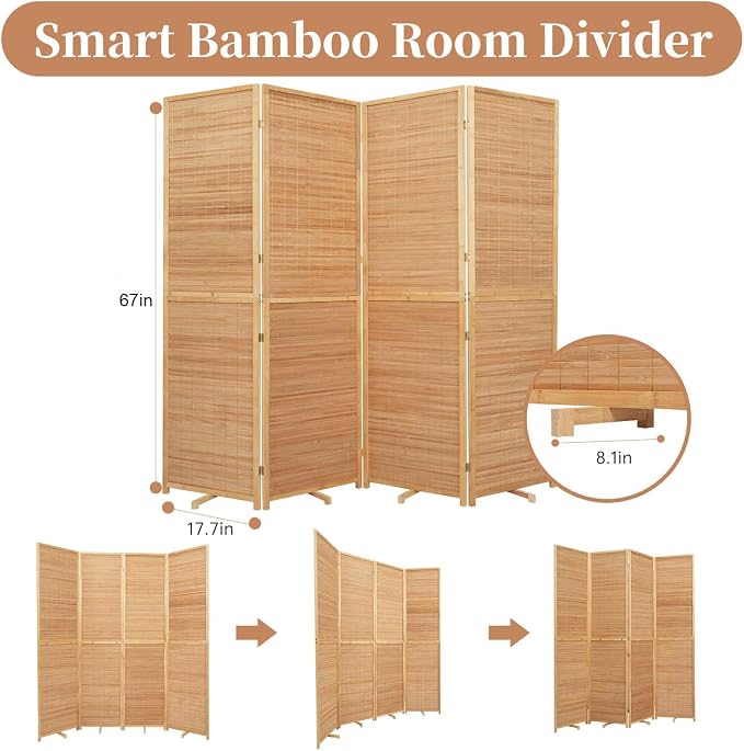 Room Divider Folding Privacy Screens, Hand-Made Natural Bamboo Room Dividers | - Image 5