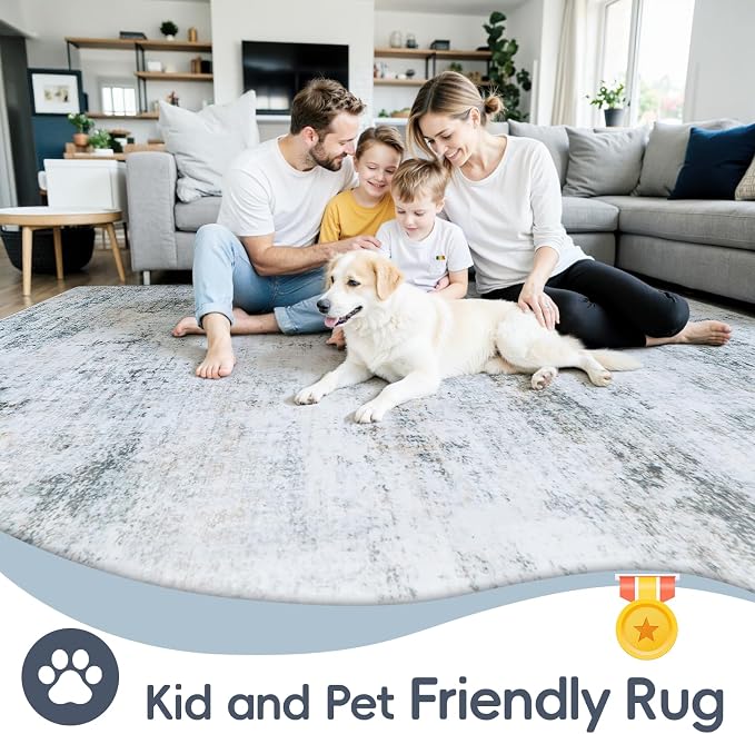 8x10 Washable Area Rug for Living Room Bedroom: Non-Slip Modern Blue Grey | - Image 4