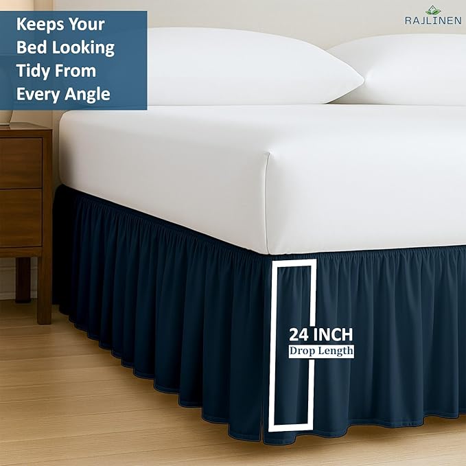 Rajlinen Ruffled Bed Skirt Queen, 24 Inch Drop Dust Ruffle with Split Corners, 100% Microfiber Bedskirt with Platform, Three-Sided Coverage Ruffled Gathering Design, Navy Blue