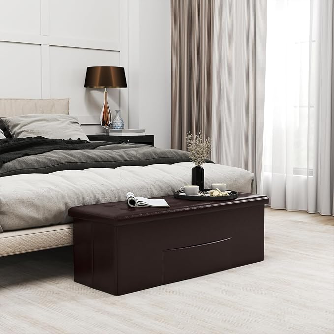 Giantex 43 Inches Folding Storage Ottoman Bench, Upholstered PU Leather Storage - Image 4
