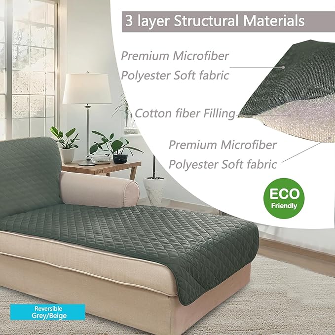 U-NICE HOME Sectional Couch Cover for Dogs Chaise Lounge Reversible Sofa Cover Furniture Protector Cover for Pets with Elastic Adjustable Strap (Chaise Lounge, Grey/Beige)