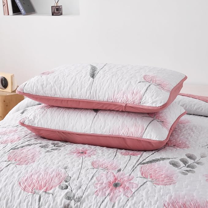 Dinjoy Quilt Set King, 3 Pieces Pink Boho Floral Bedspreads, Fall Bedding | - Image 8
