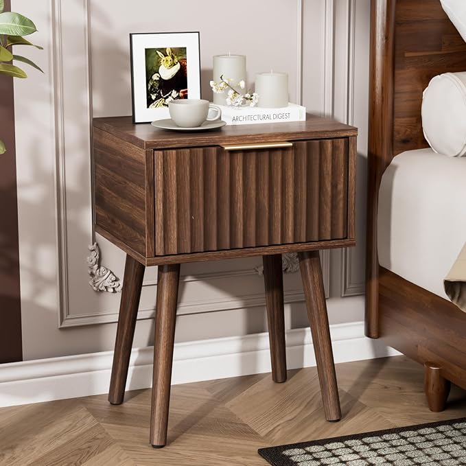 VINGLI Night Stand, Fluted Nightstand Wood, Mid Century Modern Nightstand - Image 7